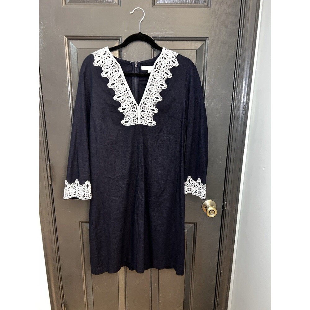 Preston & York Navy White Dress Lace Trim V-Neck 3/4 Sleeve Size 6 Cottage Core